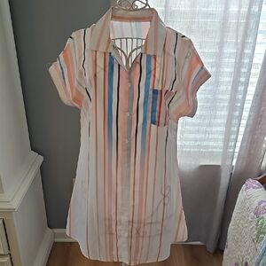 Striped Button-Up Shirt Dress in Peach, Blue & White